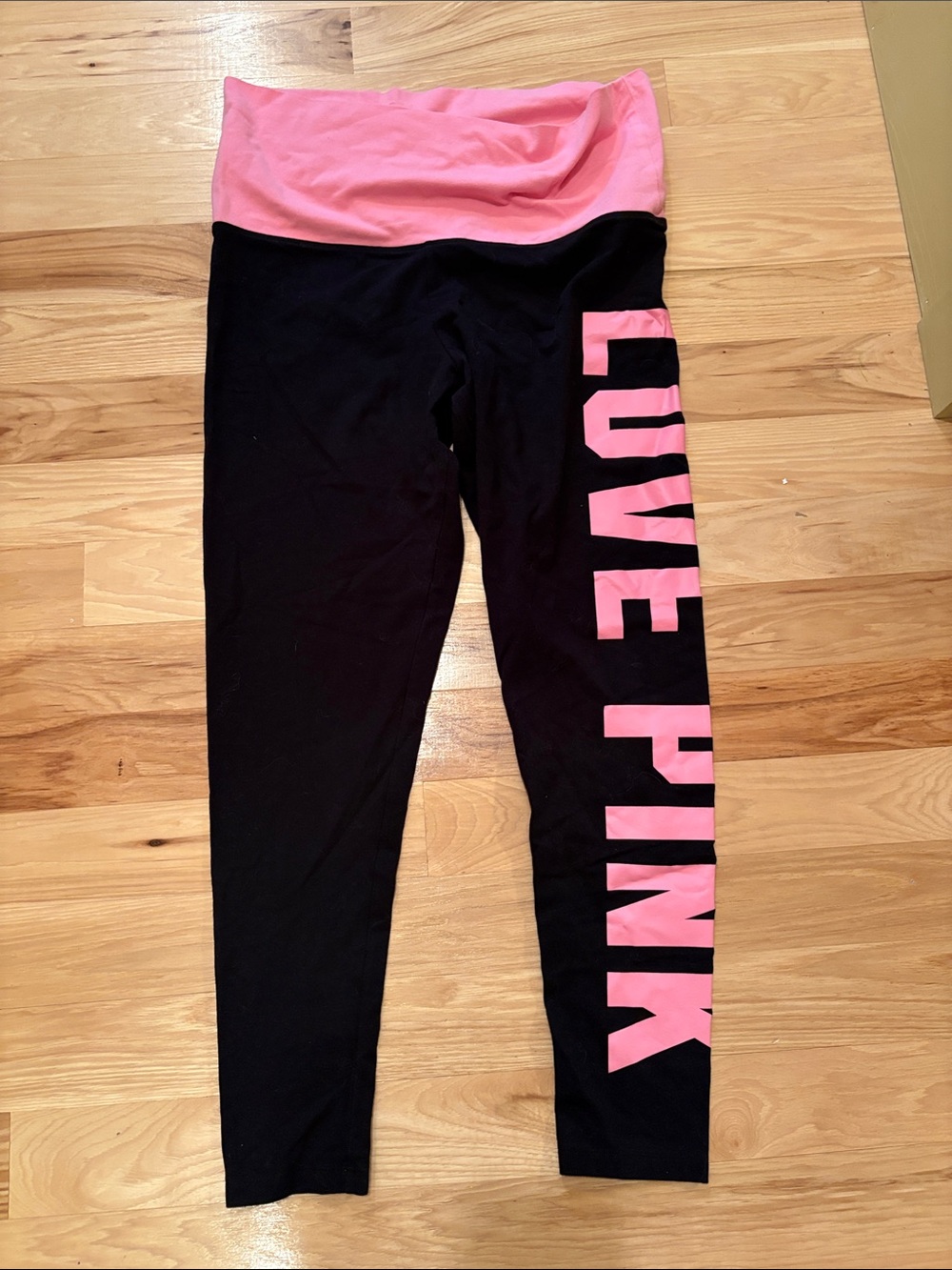 PINK Victoria's Secret Black Leggings with Pink Fold-Over Waist & Side Logo
